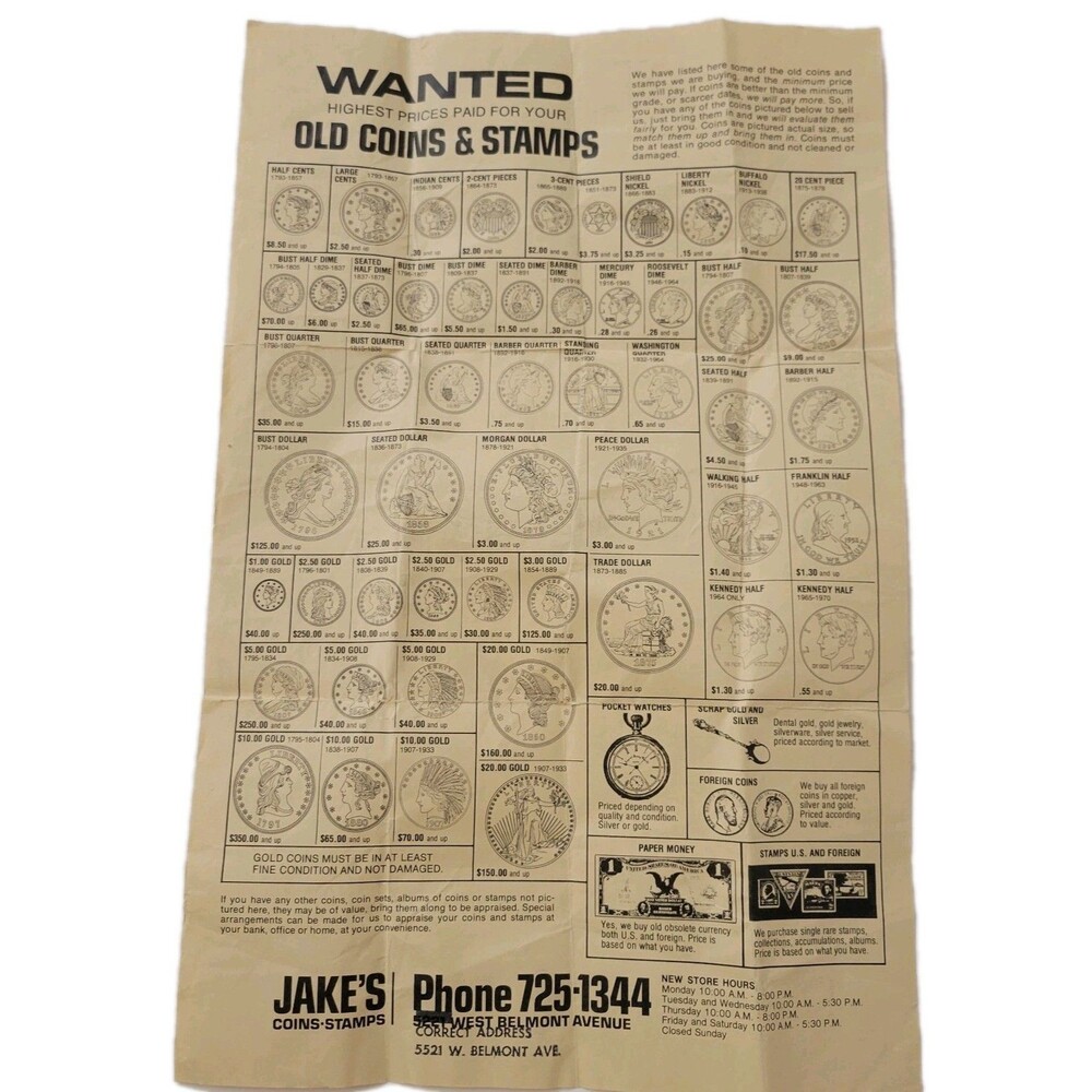 Vintage Coin & Stamp Shop Flyer – Old Coins Wanted – Numismatic Ephemera